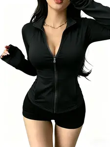 Women's Slim Fit Zipper Sport Jacket, Long Sleeve Yoga Top, Casual Fashion High Neck Tight Fitted Shirt, Ideal for Fitness and Daily Wear, Zip Front Jacket