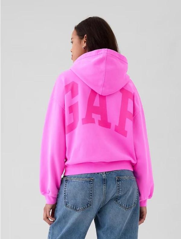 GAP VintageSoft Crop Logo Hoodie - Soft Cotton Blend Fleece, Long Sleeves, Banded Cuffs, Neon Pink Style, Medium Size