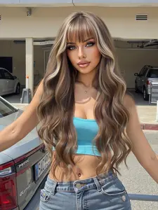 26 Inch Long Curly Water Wave Wigs for Women, Gorgeous Fluffy Wigs with Blunt Bangs, Synthetic Full Machine Wigs for Party, Daily Use