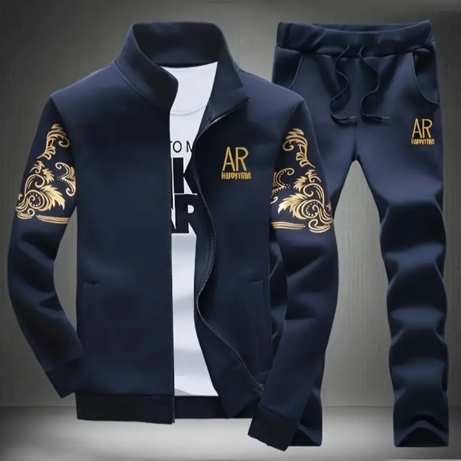 Men's 2-Piece Knitted Cardigan Set - Menswear with Stylish Geometric Print, Stand-Up Collar, Pockets, Soft Polyester Fabric Jacket and Pants for Casual Fashion