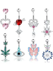 14G Belly Button Piercing for Women 316L Steel Belly Rings Cute Dangle CZ Heart Flower Butterfly Evil Eye Leaf Dangling Belly Button Rings Piercing Jewellery