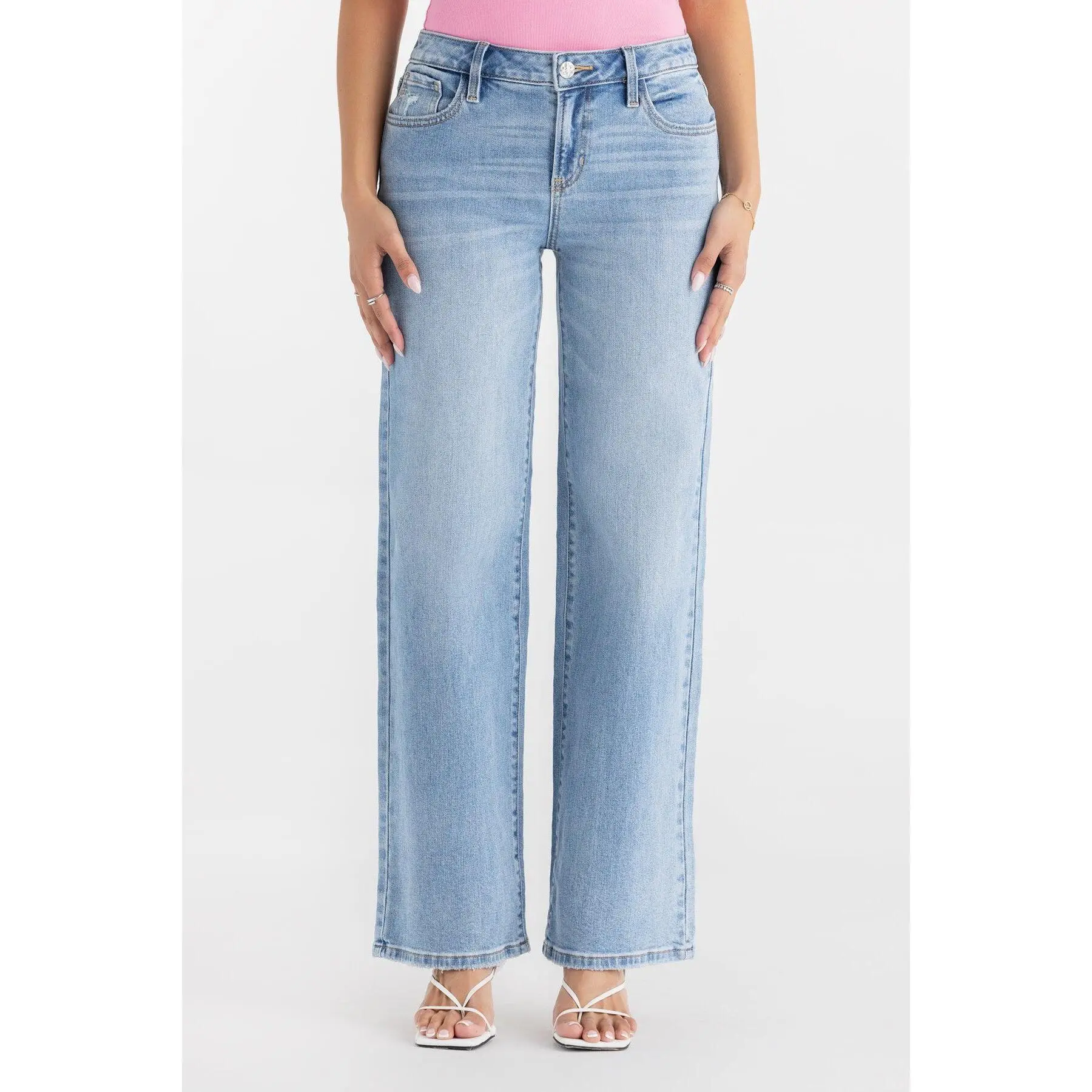 MissMe Tropez Baggy Wide Leg Jeans Light Wash Cotton Elastane Gothic Embroidered Detail 5 Pocket Design Below Ankle Hem