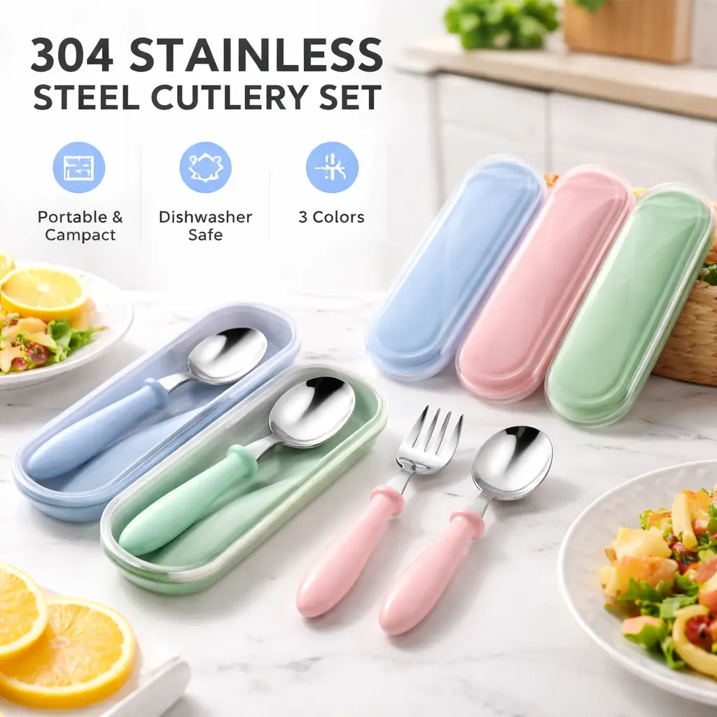 9pcs Sturdy Metal Kids Utensils Set - Unisex Portable Mini Stainless Steel Cutlery with Spoon Scoop Combo, Travel Case, Round Handle Silverware, Dishwasher Safe Children's Sets for Lunchbox Use, Spoon Scoop Combo Children's Sets