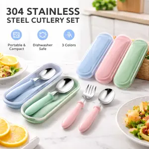 Portable Mini Utensils Set 9 Pcs – Stainless Steel Fork & Spoon with Travel Case, Round Handle Silverware for Lunchbox, Dishwasher Safe