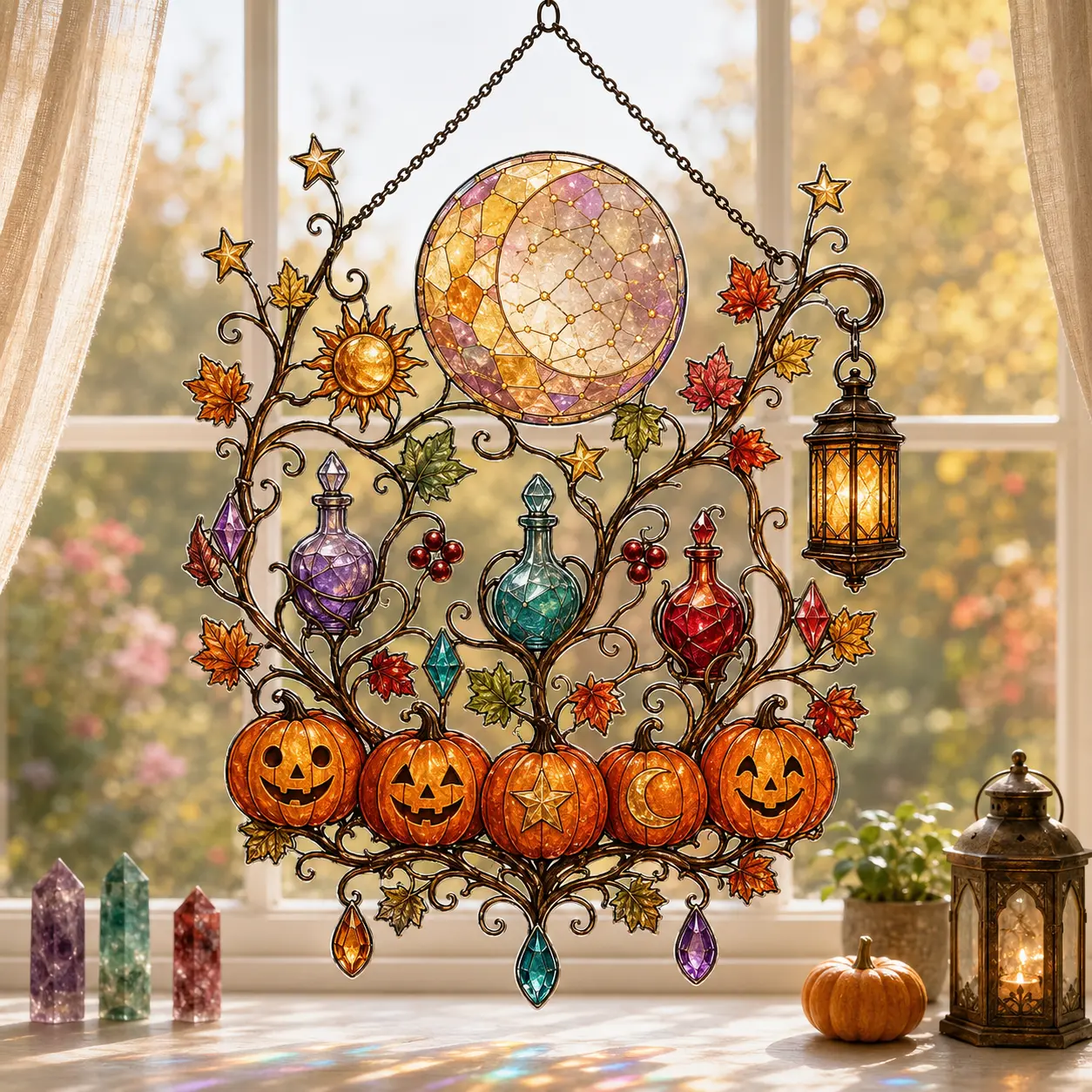 Halloween Pumpkin Potion Acrylic Suncatcher, Faux Stained Glass Window Hanging, Celestial Witchy Autumn Home Decor