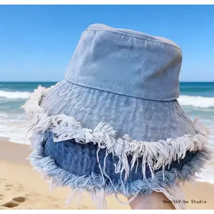 Women's Denim Cotton Wide-Brim Hat, 2026 Spring/Summer Thin Washed Distressed Frayed Edge, Hats for Women with Sun Protection for Outdoor Activities