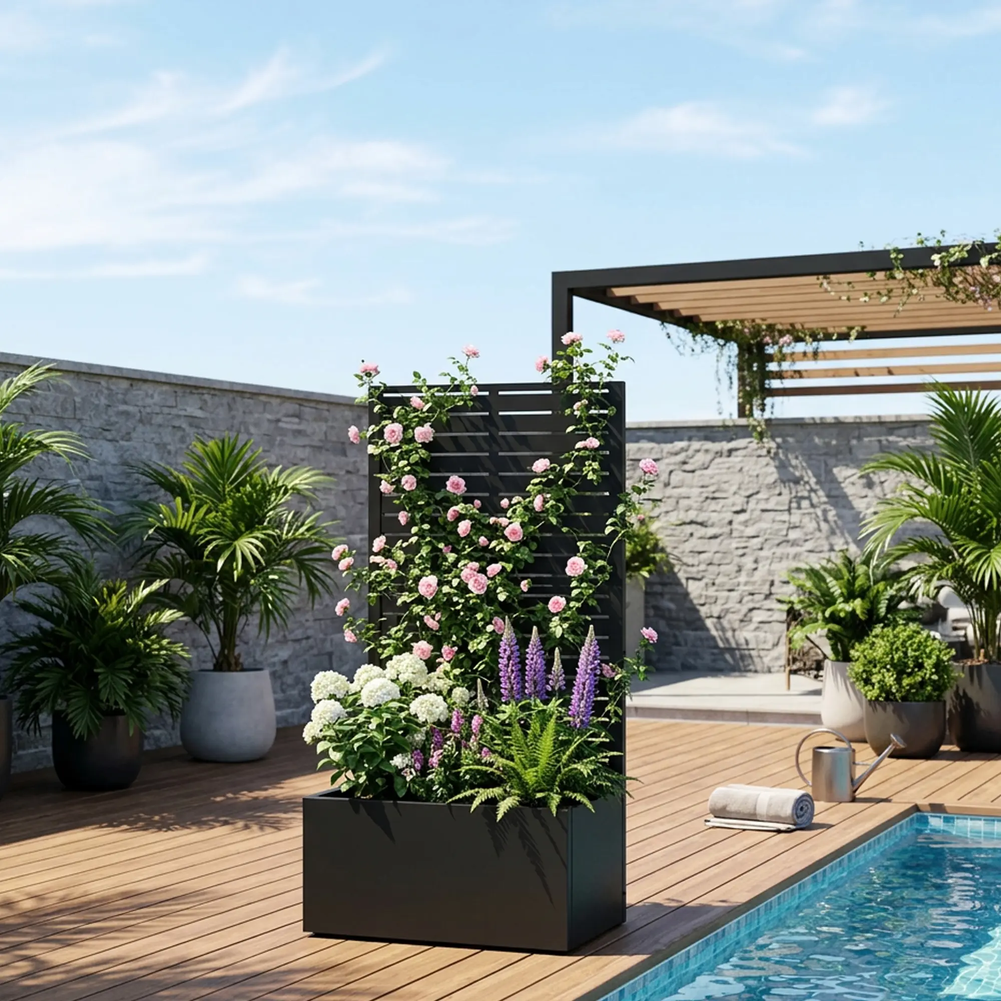 Outdoor Metal Rectangular Single Unit Planter Box with Trellis, 47"H x 24"W, Eco-Friendly for Climbing Plants, Greenery & Drainage Functionality