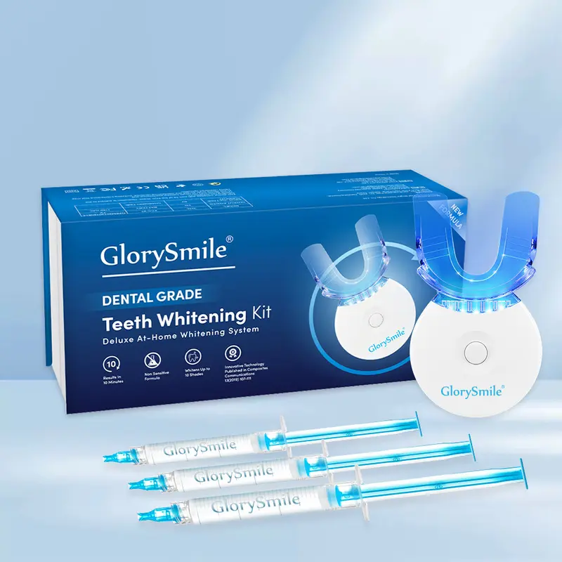 GlorySmile Teeth Whitening Kit with LED Light – Fast 10-Minute Treatment & 3 Carbamide Peroxide Gels for Coffee, Wine, and Smoking Stain Removal