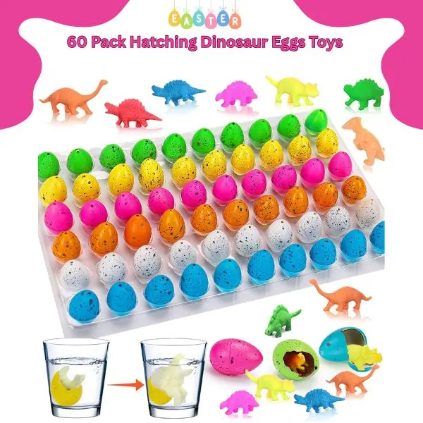60 Pack Grow-in-Water Hatching Dinosaur Egg Toys, Safe Materials, Easter Basket Supplies, Easter Egg Fillers for Kids, Dino Party Favors, Easter Baskets