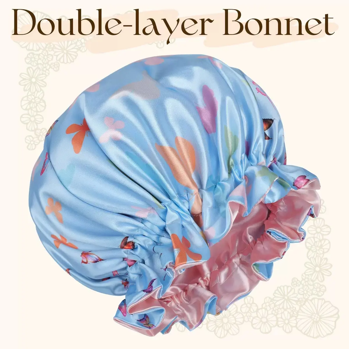 Women's Double-layer Butterfly Print Satin Hair Bonnet with Wide Elastic Edge, Comfort Fit for Girls & Women, Great for Curly, Wavy & Most Hair Types