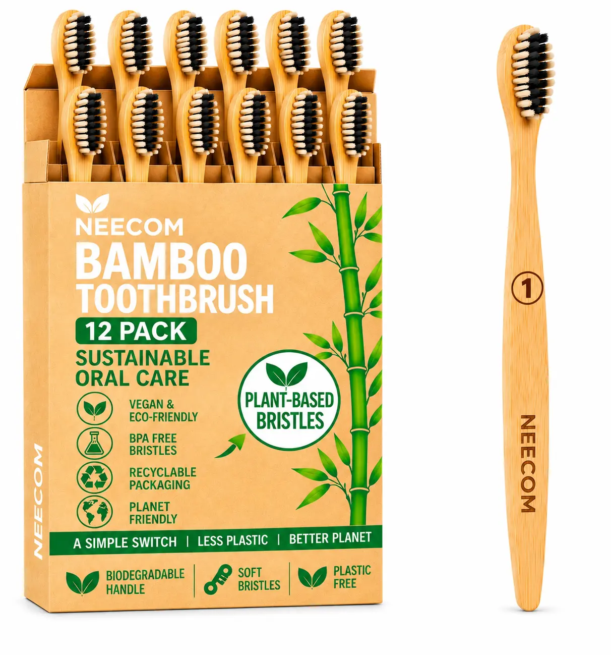 12 Pack Bamboo Toothbrushes , BPA Free Plant Based Soft Bristle Toothbrush Eco-Friendly tooth brush, soft toothbrushes, Natural, Wooden, Biodegradable, organic, non toxic