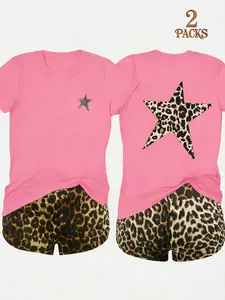 2-Pack Value Bundle, Matching Short-Sleeve Tees & High-Waisted Leopard Print Shorts, Loose Fit, Summer Vibes, Casual At-Home
