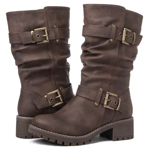 GLOBALWIN Women's Edgy Fashion Square Toe Boot - Fall Mid-Calf 2 in Block Heel Man-Made Footwear, Stylish Comfortable Biker Shoes