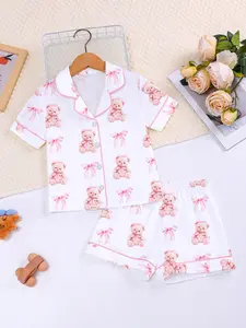 Bear & Bow Print Fire-Retardant Fabric Pajama Set, Cute Casual Party Sleepwear, Short Sleeve Open Front Button Top & Loose Shorts
