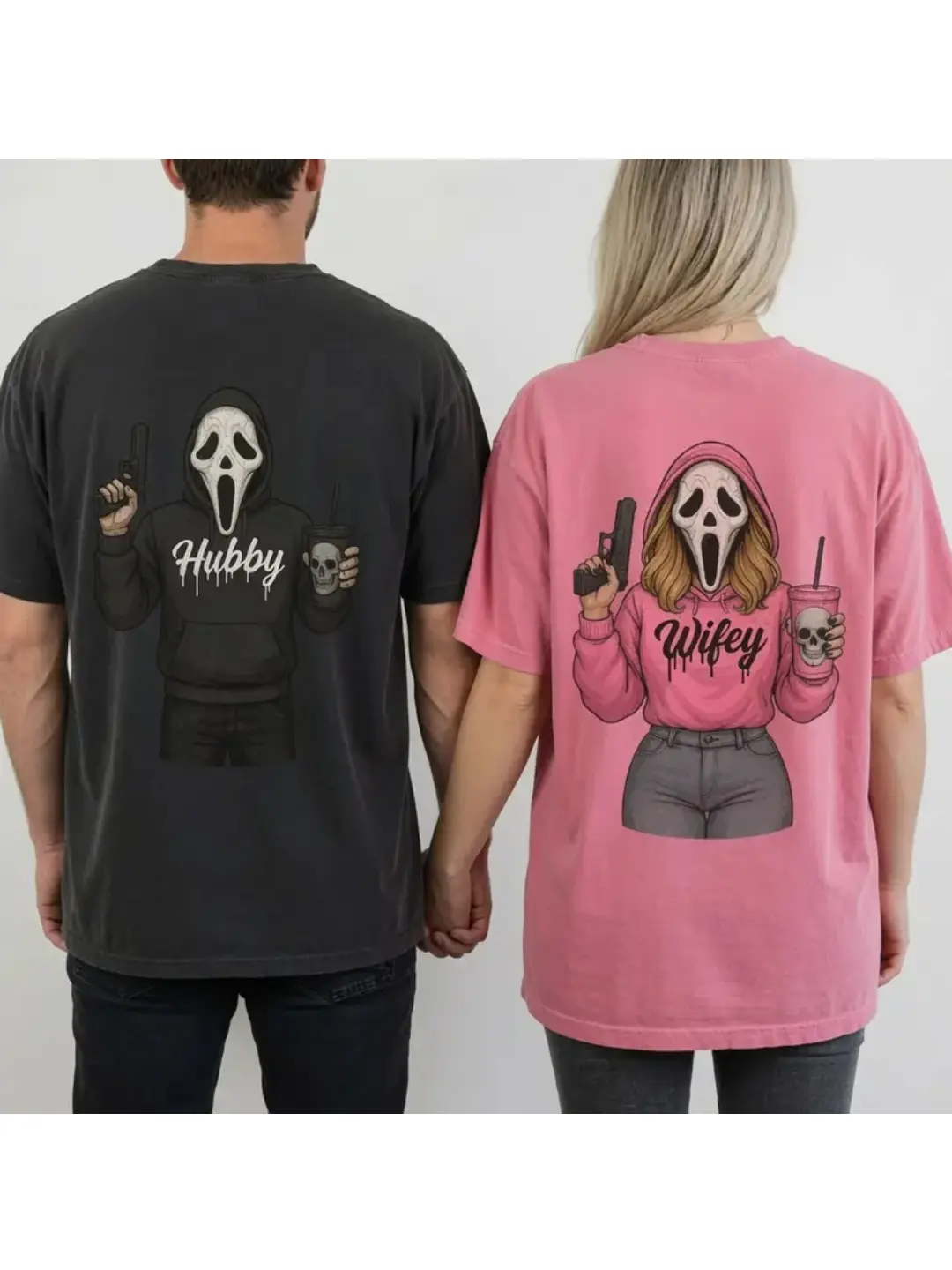 (1 Shirt Only) Hubby Wifey Ghost Mask Couple T-Shirt, Matching Halloween Couples Shirts, Spooky Season Graphic Tee, His Hers Ghost Outfit, Halloween Party Wear, Married Couple Gift, Cute Scary Love Apparel