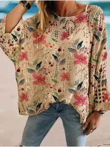 Spring and summer crew neck diamond hollow-out batwing sleeve knit sweater, floral print loose vacation-style cover-up, casual, elegant and versatile for commuting