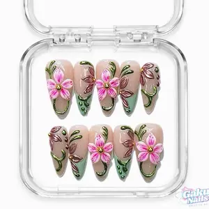 GakuNails ENCHANTED VINES Press-On Nails, 10-Piece Multi-Pack Short Stilettos, Handmade Builder Gel-Enhanced, 3D Flower Design, Eco-Friendly Reusable, Size-Selectable for Glam Looks