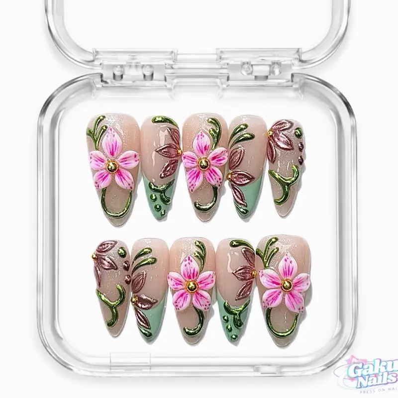 GakuNails ENCHANTED VINES Press-On Nails, 10-Piece Multi-Pack Short Stilettos, Handmade Builder Gel-Enhanced, 3D Flower Design, Eco-Friendly Reusable, Size-Selectable Nails Press On for Glam Looks