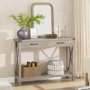 31-inch Storage Cabinet Suitable for hallways, corridors, and Living Rooms, Two-Tier Narrow Sofa Table, Industrial-Style Hallway Table with Drawers and Open Storage Shelves, Grey/White/Black