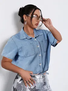 Elegant Women's Casual Denim Top Blouse, Versatile Lapel Short Sleeve Design, Perfect Fit for Everyday Wear, Stylish Ladies' Outerwear, Womenswear