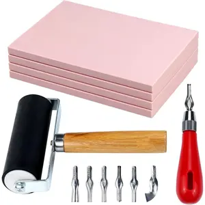 Kit for Printmaking & Stamp Carving - 4Pcs 4"x6" Soft Rubber Linoleum Blocks with Brayer Roller & Carving Tools for Beginner & Artist Block Printing Craft Supplies