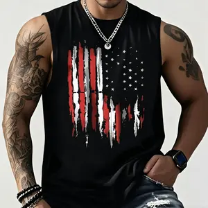 Men's American 100% Cotton Tank Top, Breathable & Comfy Sleeveless Athletic Shirt With Vibrant Geometric Print, For Summer Sports & Casual Wear, Summer Tank Tops Classic Gym Menswear
