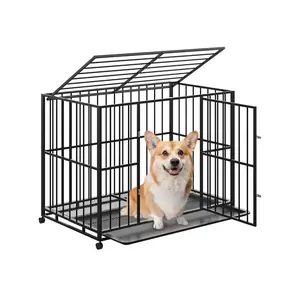 Metal Dog Crate Cage Kennel,Dog Crate with Removable Crate Trays, Wheels and Double Door for Medium Small High Anxiety Dogs