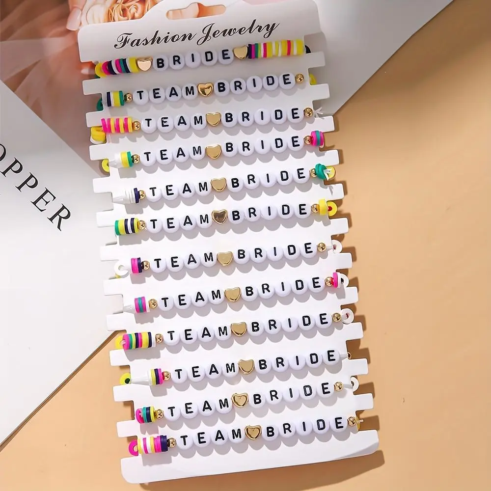 12pcs Elegant Polymer Clay Letter Bride TEAM Beaded Bracelet Set for Women - Perfect for Weddings, and Team Brides - Includes 12 Beaded Charms in Assorted Colors, Wedding Accessories|Elegant Bracelet Set|Polymer Clay Beads