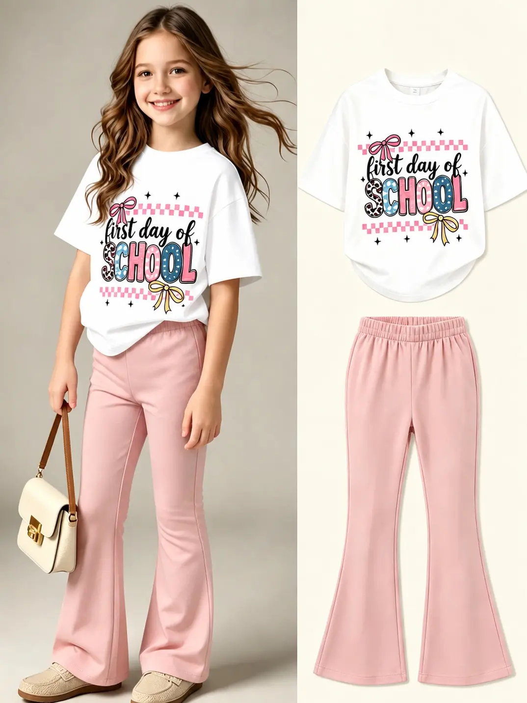 Girls Back to School Outfit Set, First Day of School Graphic T-Shirt and Pink Flare Pants Matching Set, Cute Casual Clothes for Little Girls Big Girls Tween Girls