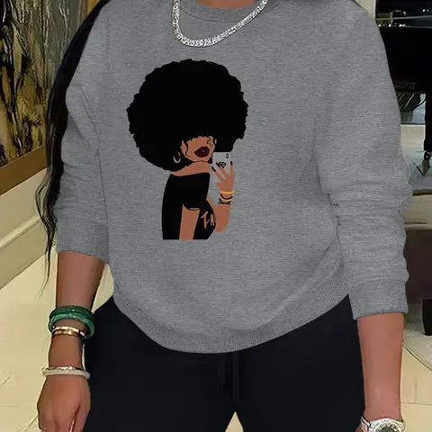 Women's Letter & Afro Girl Print Crew Neck Sweatshirt, Casual Long Sleeve Pullover Tops for Fall & Winter, Women's Clothes for Daily Wear
