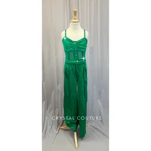 Green Lycra and Mesh Leotard with Buttons, Green High Waisted Pants - Rhinestones