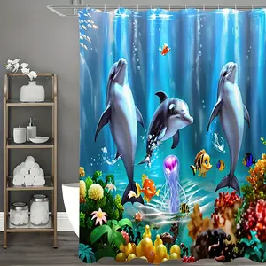 1pcs Dolphins & Fish Ocean Adventure Shower Curtain Set - Transform Your Bathroom with a Modern Watercolor Design, & 12 Hooks - A Perfect Gift for Sea Lovers, Waterproof & Machine-Washable