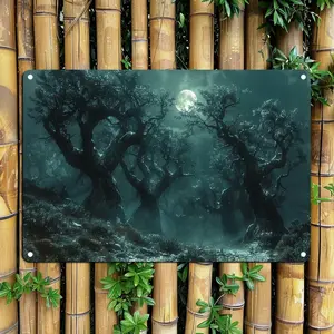Mystical Forest Aluminum Wall Art - Moonlit Enchanted Trees Metal Tin Sign for Classroom, Bar, Kitchen, Garden Decor - Durable Weather-Resistant Outdoor/Indoor Decoration