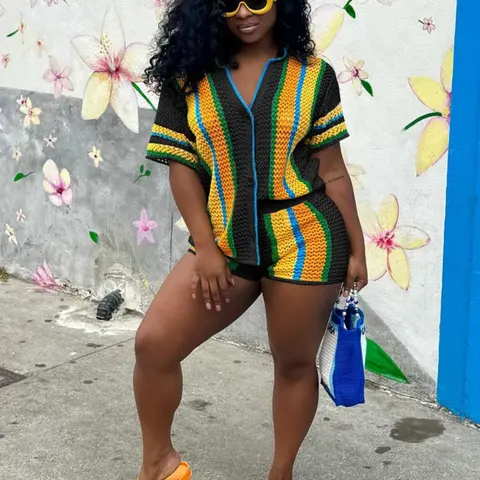 Women's Striped Print Knit Top & Shorts Two-Piece Set Casual Fashion Cozy Knitwear Set for Daily Outdoor Wear, Ladies Clothes for Summer, Cute Outfit, Casual Fitted Set