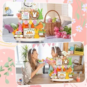Easter Tiered Tray Decor Kit, Cute Rabbit Eggs Wooden Sign Desk Ornament for Holiday Party