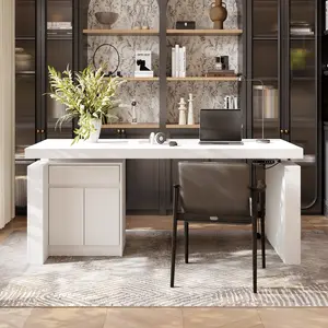 FUFU&GAGA 70.9" Wide White Executive Desk with Storage Cabinet, Modern Home Office Computer Desk with Drawer and USB Charging Station