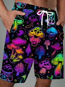 Men'S Vibrant 3D Mushroom Print Shorts - Psychedelic Starry Design, Elastic Waistband with Drawstring, Comfortable & Adjustable for Casual or Party Wear, PLUS SIZE