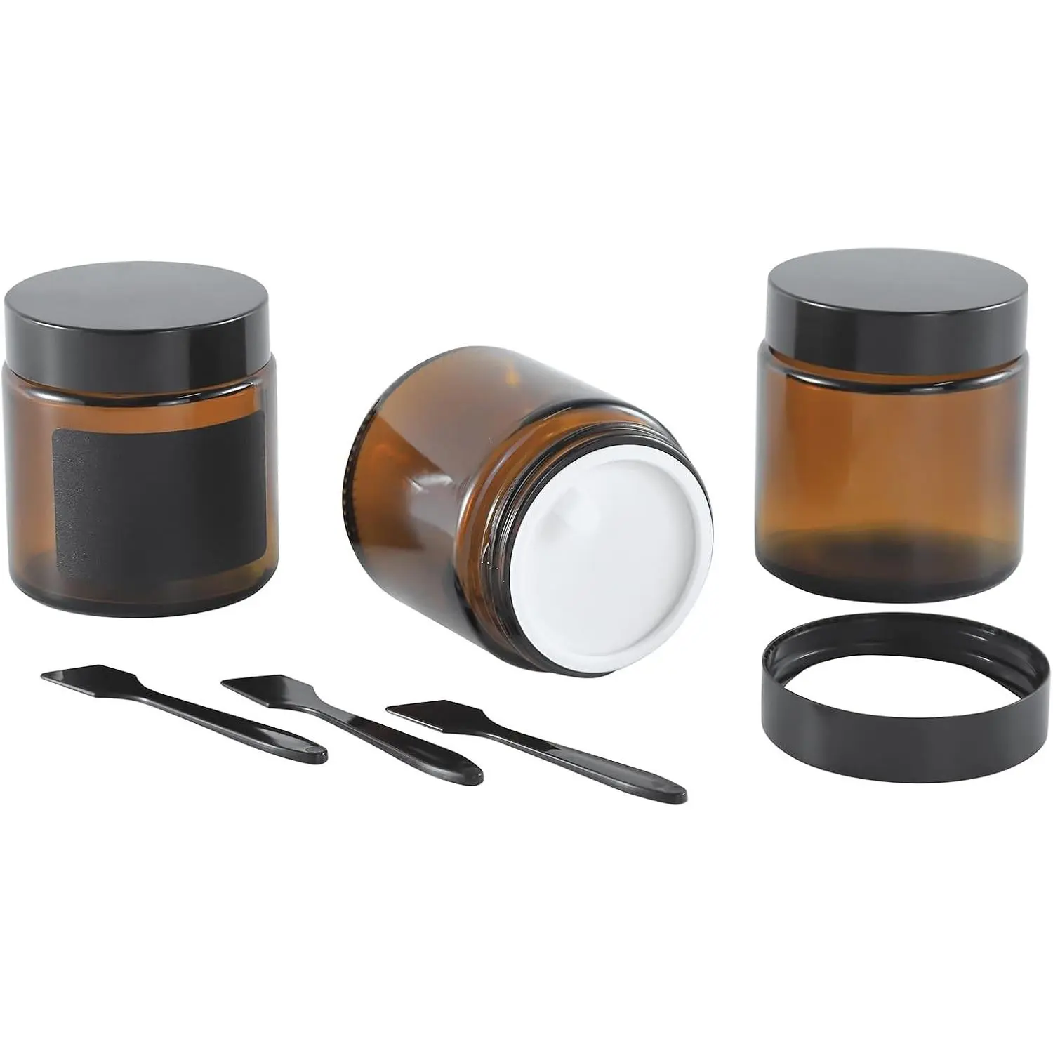 3 Pack 4 oz Amber Small Glass Jars with Airtight Lids, Lotion Containers, Cosmetic Containers, Little Travel Jars for Creams with Black Mini Spoon & Black Labels Included