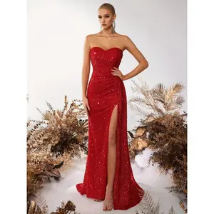 Glamorous Strapless Sequin Mermaid Dress! Bold Red High Slit for Show-Stopping Evening Events Fabric blusher veil princess wedding dress Formal Party Elegant Chic bridal shower dresses