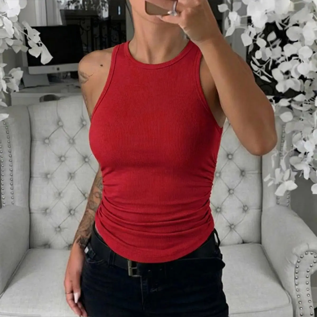 CHICME Women's Sleeveless Ribbed Knit Viscose Basic Tank Top - Racerback, Fitted, Breathable, Minimalist Smart Casual, Ruched Side Detail, Beachwear, Daily Wear (Pairs with Jackets)