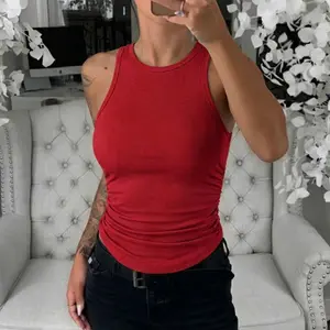 ChicMe Women's Round Neck Sleeveless Side Ruched Tank Slim Fit Ribbed Racerback Tank Top