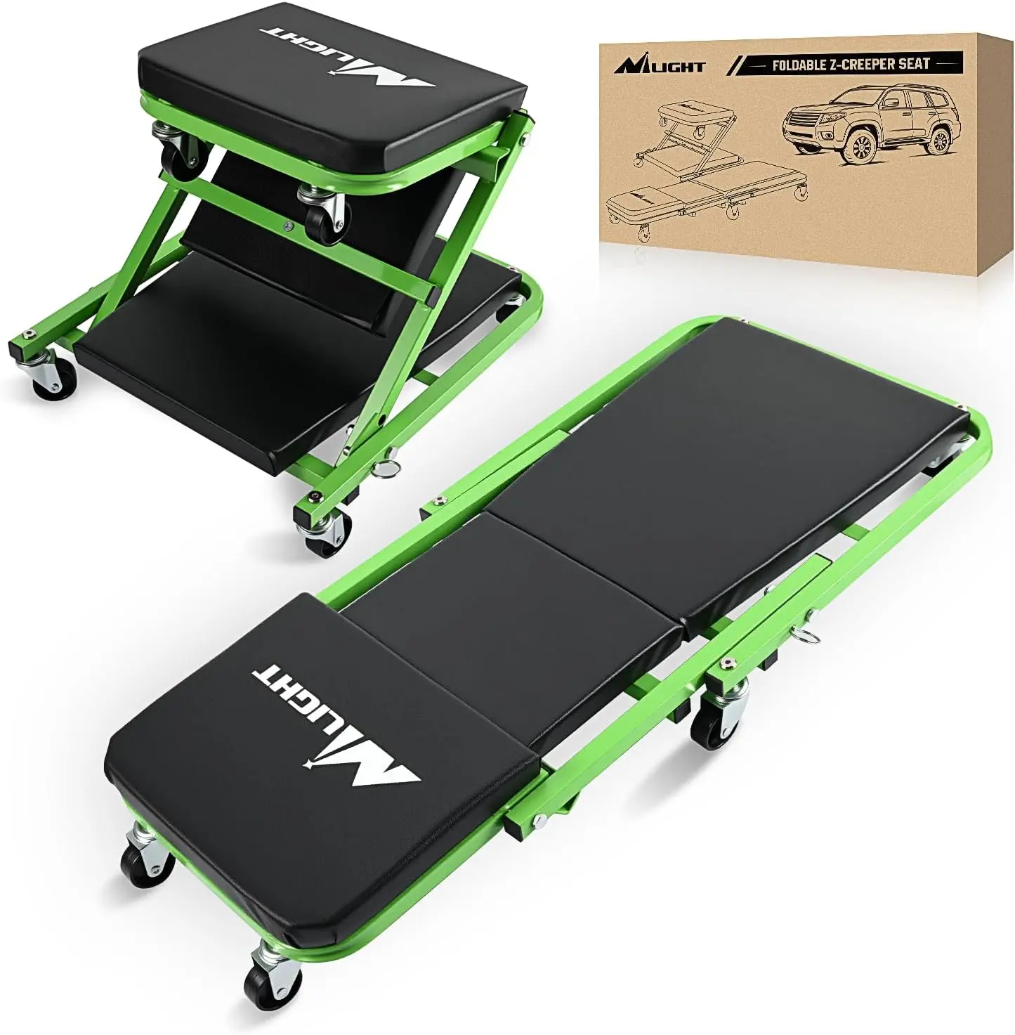 Nilight 36-in Z Creeper Automotive Maintenance Tools - 2-in-1 Rolling Folding Car Seat, Adjustable Roller Garage Chair, 330LBS Capacity, Green Black, Lay Down or Sit Function