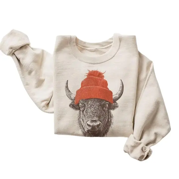 Women's Stylish Casual Long Sleeve Graphic Garment - Vintage Bull Bison Beanie-Wearing Crewneck Sweatshirt, Camping Gift, Retro 90s Unisex Mountain Wildlife Outdoors Pullover