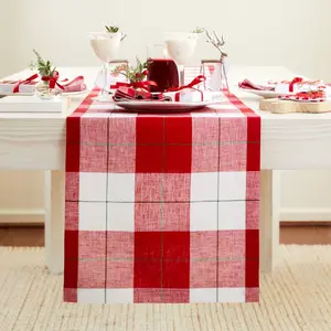 Very Merry Plaid Table Runner Linen Tablecloth with Green Accents for Festive Holiday Gatherings Christmas Traditional Decor Ornaments