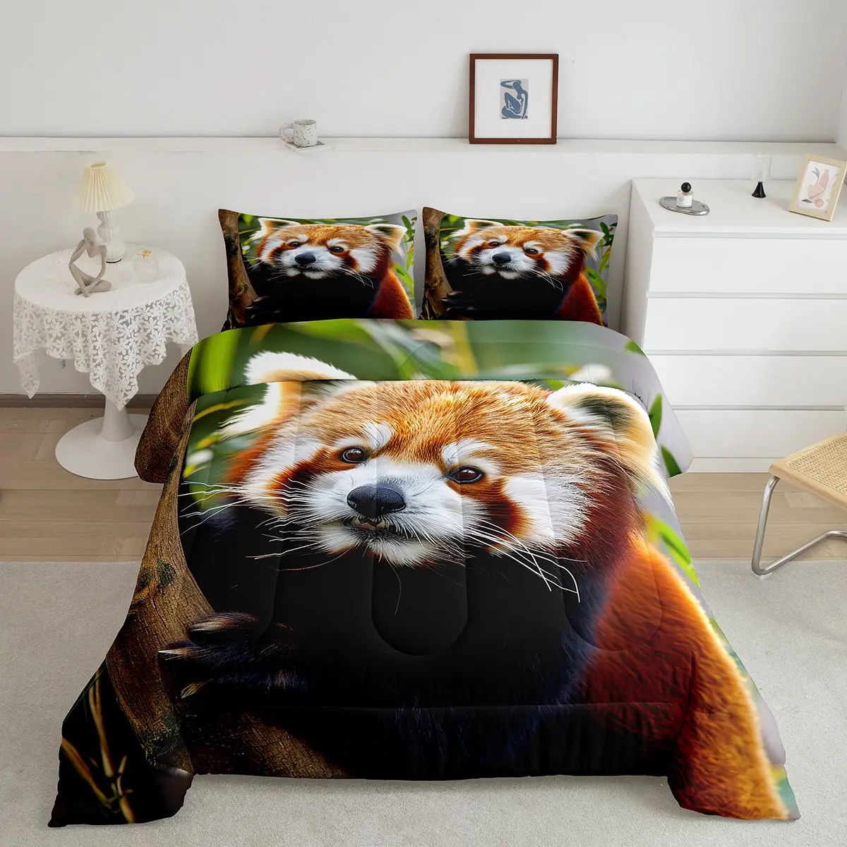 Feelyou Red Panda Luxury Decorative Bedding Set - Breathable Microfiber Comforter with Cute Animal Pattern, Designer Quilt with Nature Leaves Print