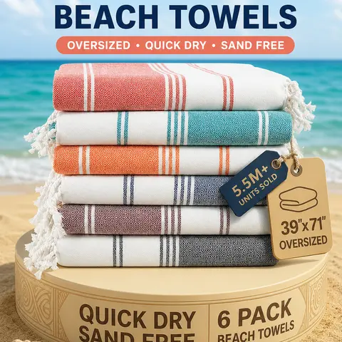 LANE LINEN Turkish Oversized XL (39"x71") Flat-Weave Cotton Blend Lightweight Soft Towel - Quick-Dry, Sand-Free, Pre-Washed, Packable, Rectangle, Modern, Multi-Pack with Stripe & 30+ Designs, Beach/Pool Towel with Pouch for Travel Necessities