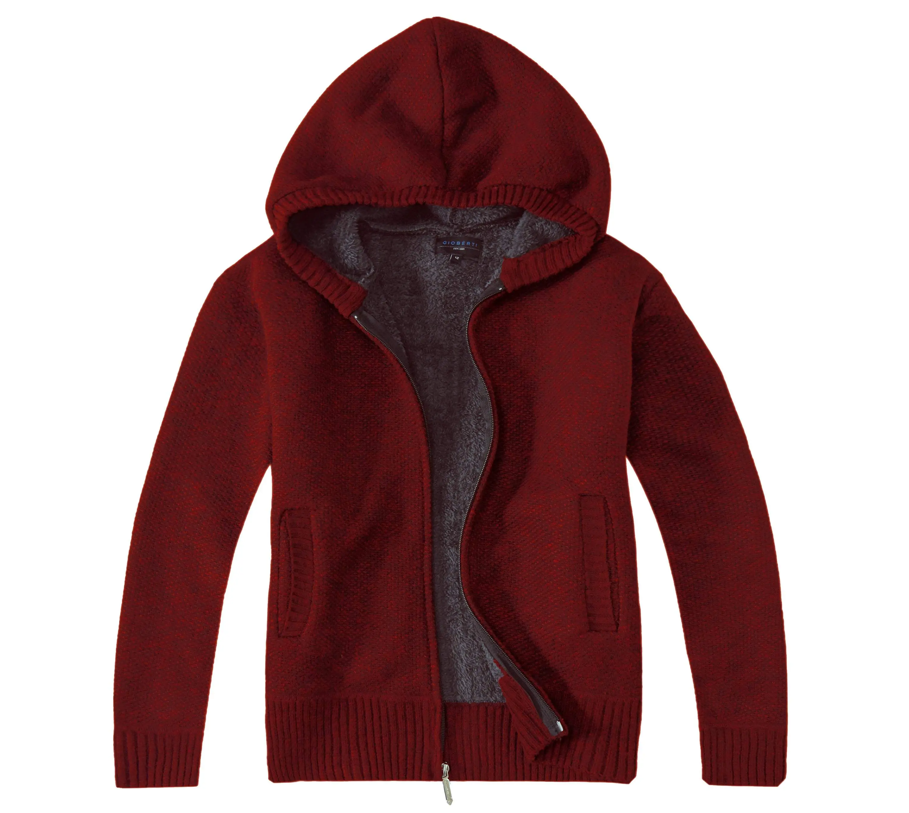 Boys Full Zip Knitted Cardigan Sweater with Hoody and Sherpa Lining - Red