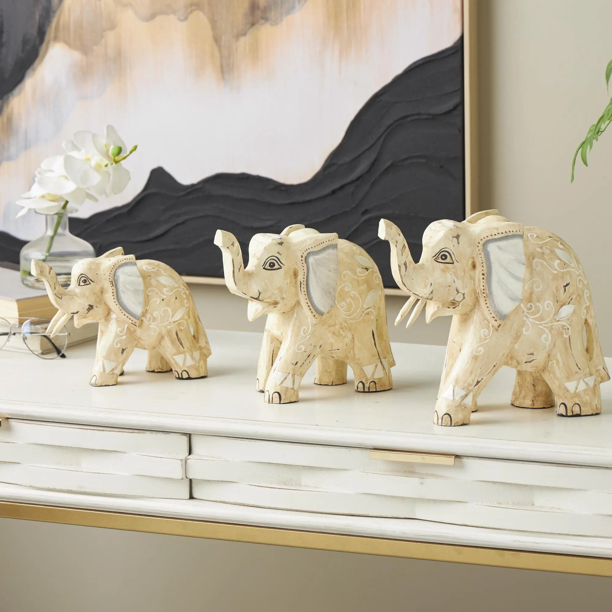 Handmade Craft 3-Piece Light Brown Albizia Wooden Elephant Motif Sculpture Set - Scrolls/Floral Patterns, Felt Feet, Rubber Pads, Eclectic Indoor Décor Statues, 3.9l x 8.9w x 8.2h in, 3.635 lbs, for Table, Ideal Gift for Home Enthusiasts