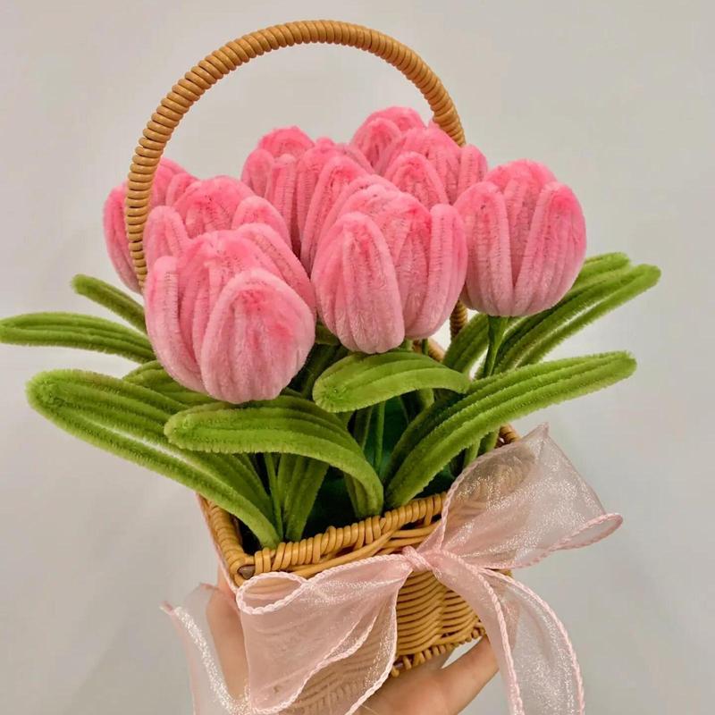 10pcs Pipe Cleaners Craft Supplies, DIY Tulip Bouquet Making Kit, Chenille Stems Flower Craft Kit Fuzzy Sticks Crafting Materials Bendable Wire Bulk for Art Classroom Mother’s Day Gift