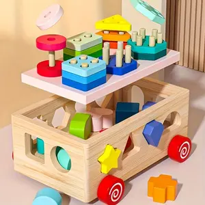12-hole Colorful Column Push Cart Puzzle Toy, Featuring Multiple 3D Geometric Building Blocks for Shape Matching and Sorting. Helps Develop Children's Color Recognition, Shape Identification, Hand-eye Coordination, and Concentration